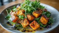 Roasted Sweet Potatoes with Arugula Salad and Balsamic Glaze