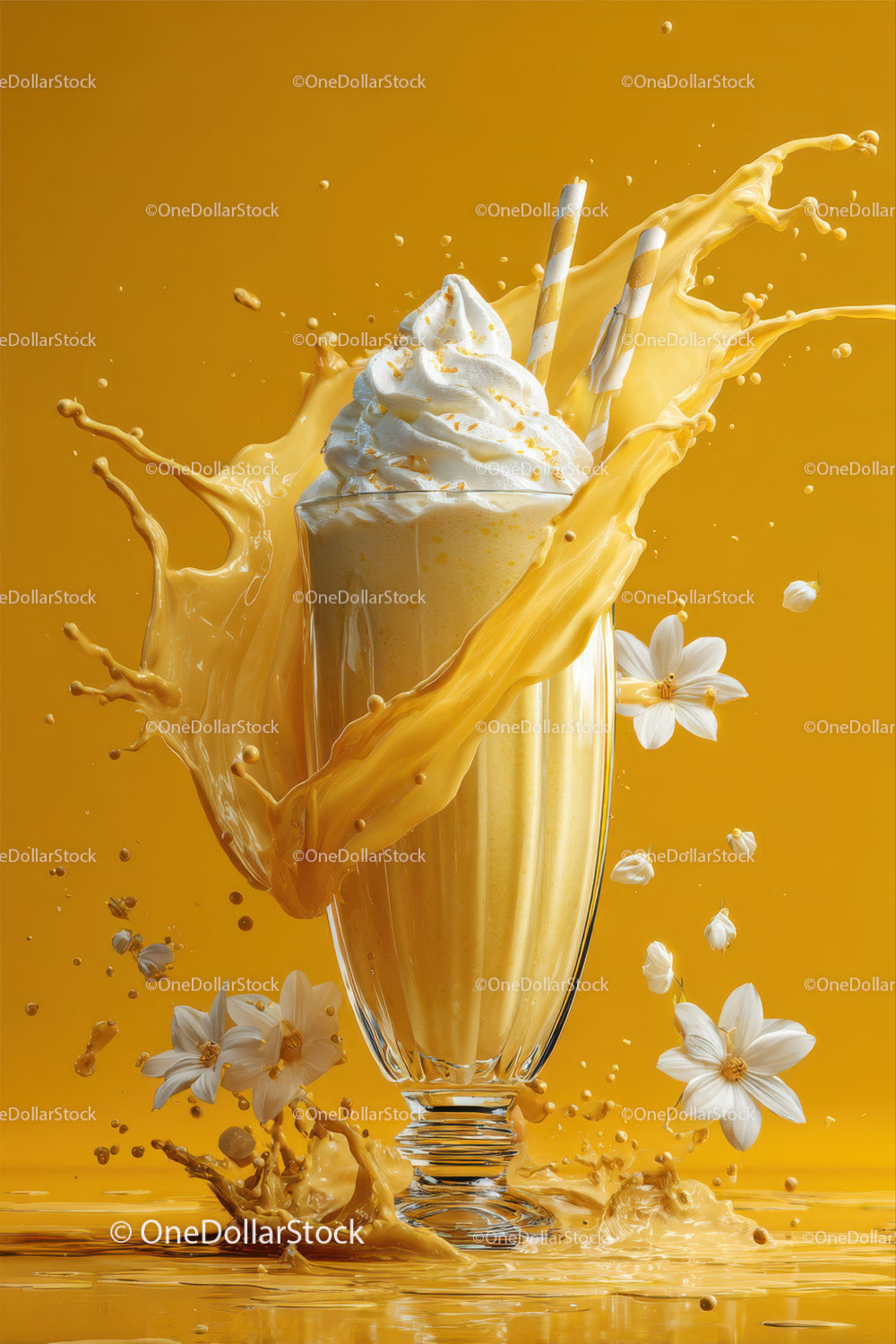 Vanilla Milkshake Splash with White Flowers and Bright Yellow Background