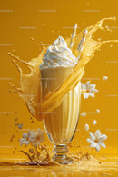 Vanilla Milkshake Splash with White Flowers and Bright Yellow Background