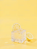 Fresh lemon slices with clear ice cube on yellow background