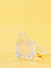 Fresh lemon slices with clear ice cube on yellow background