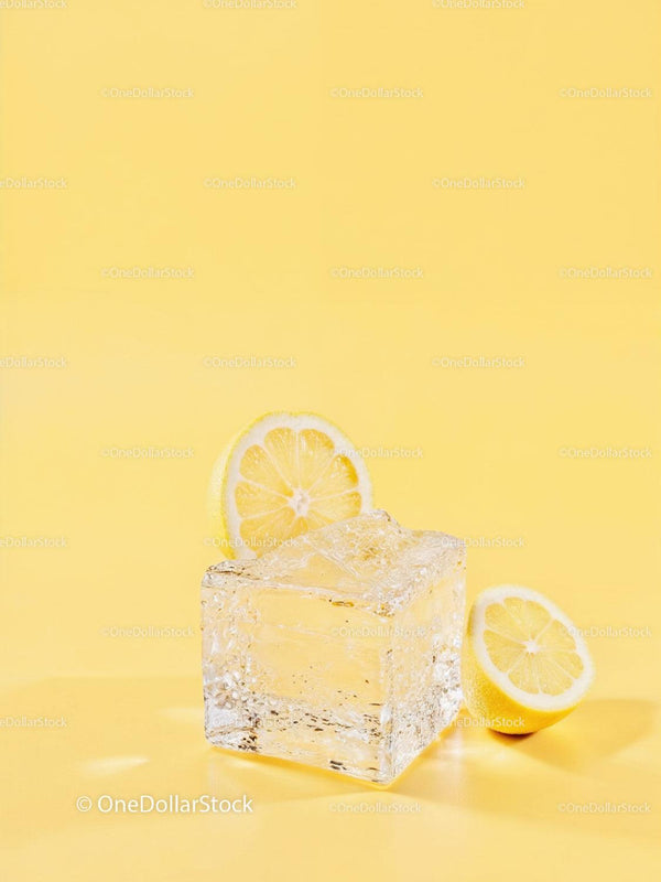 Fresh lemon slices with clear ice cube on yellow background