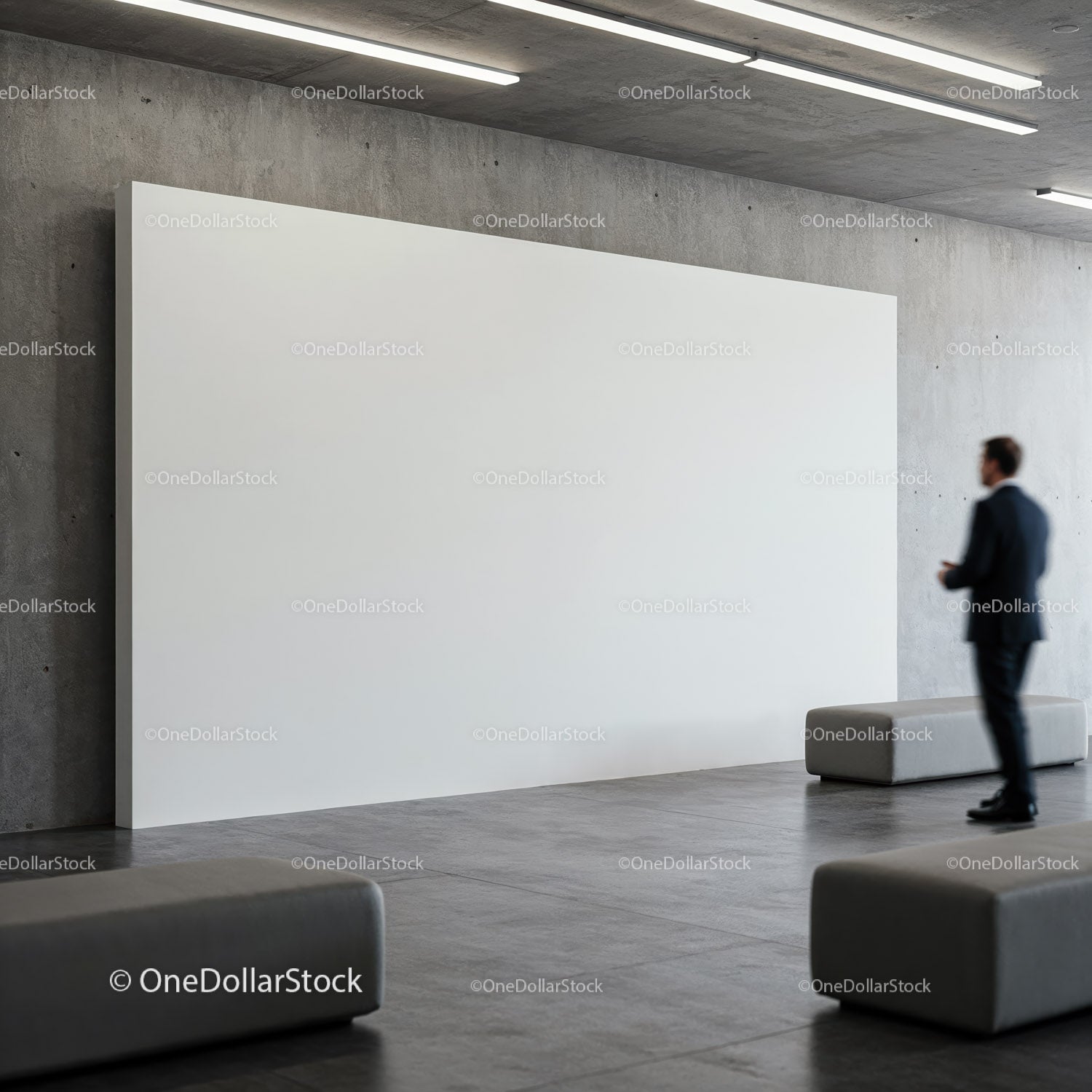 Businessman Standing in Modern Gallery with Blank Canvas