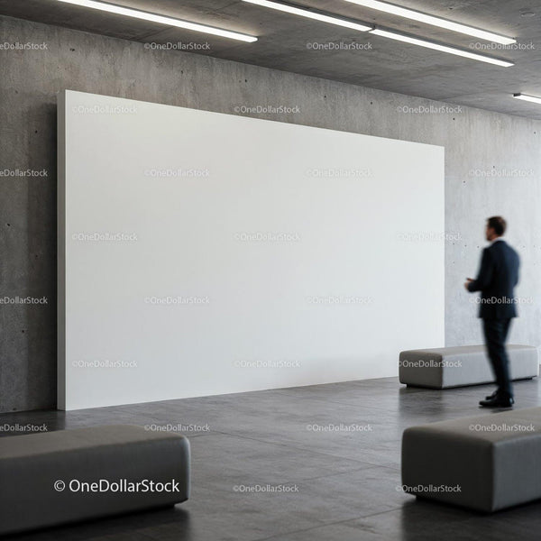 Businessman Standing in Modern Gallery with Blank Canvas JPG Mockup Image