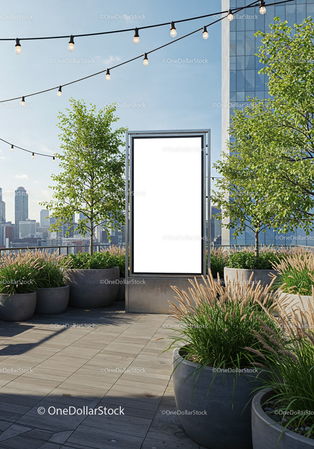 Urban rooftop garden with blank advertising board