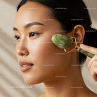 Close-Up of Asian Woman Using Jade Roller for Facial Massage