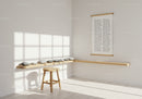 Minimalist room with wooden stool and zen stones