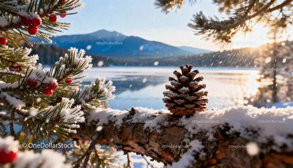 Pinecone and snowy branches near frozen lake at sunset