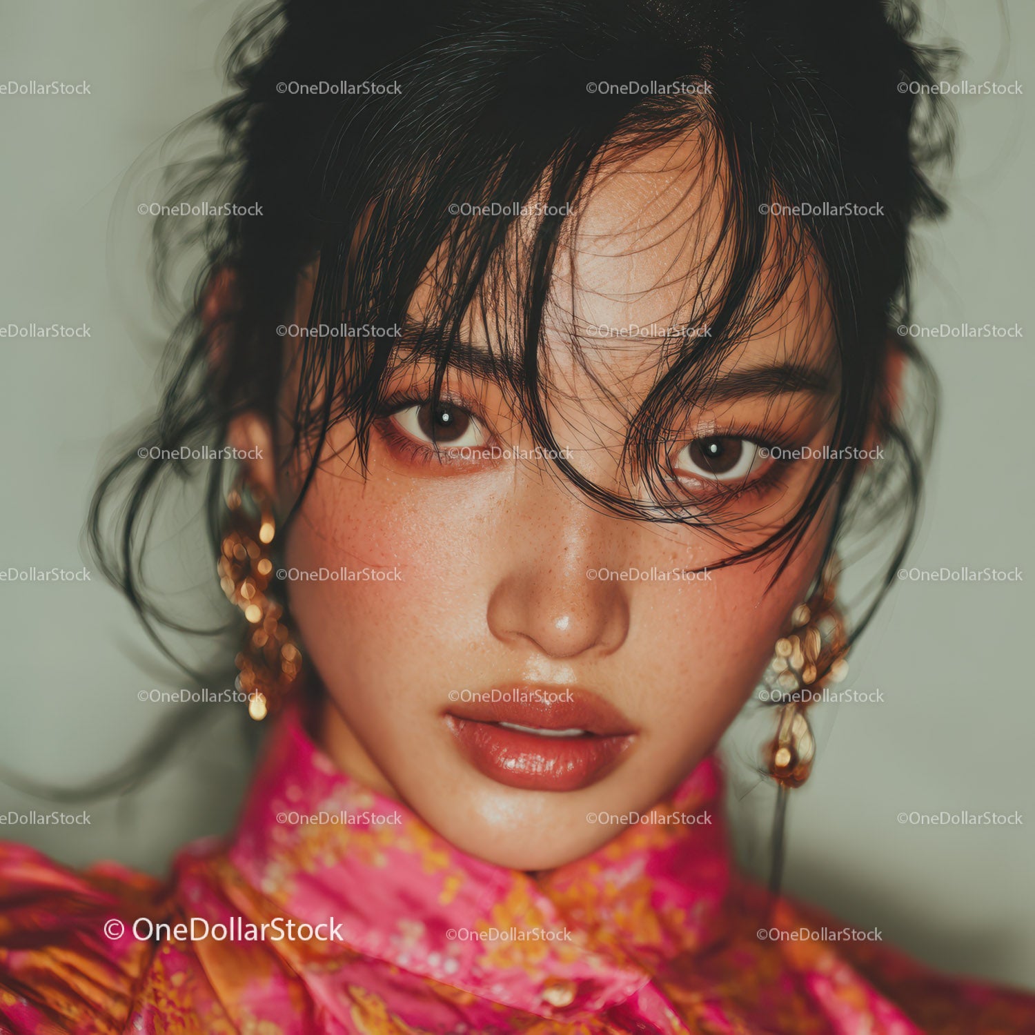 Close-Up of a Woman with Dark Hair and Golden Jewelry in Glamorous Style