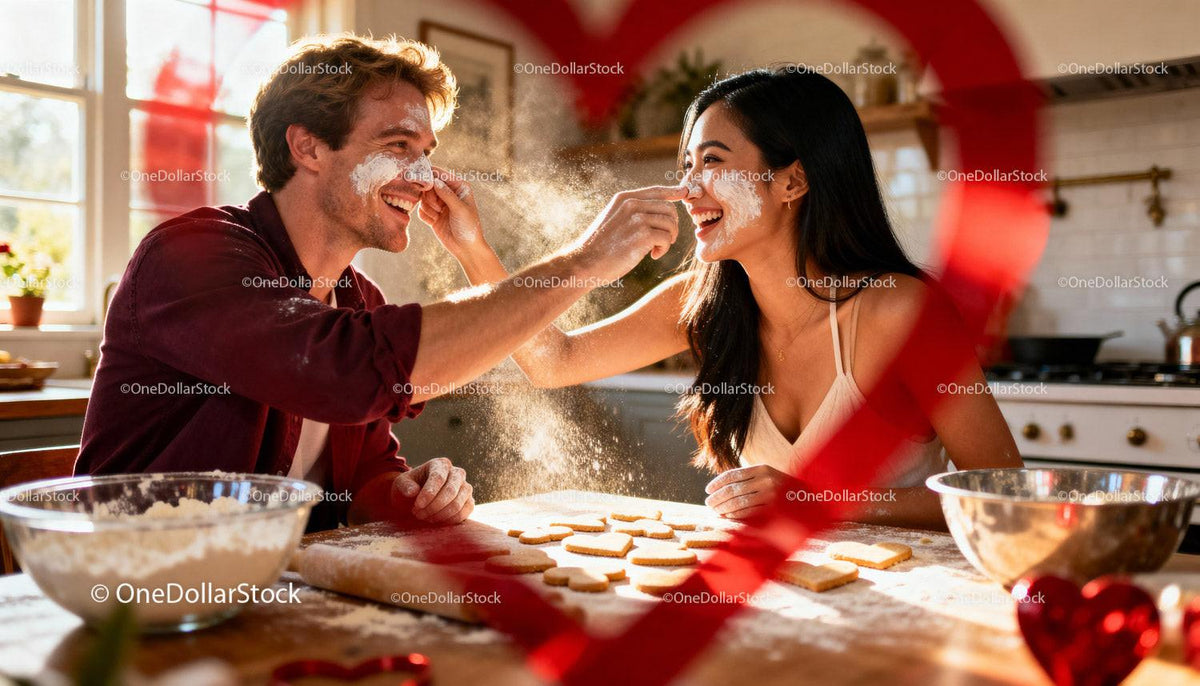 Couple sharing playful moment baking heart cookies together