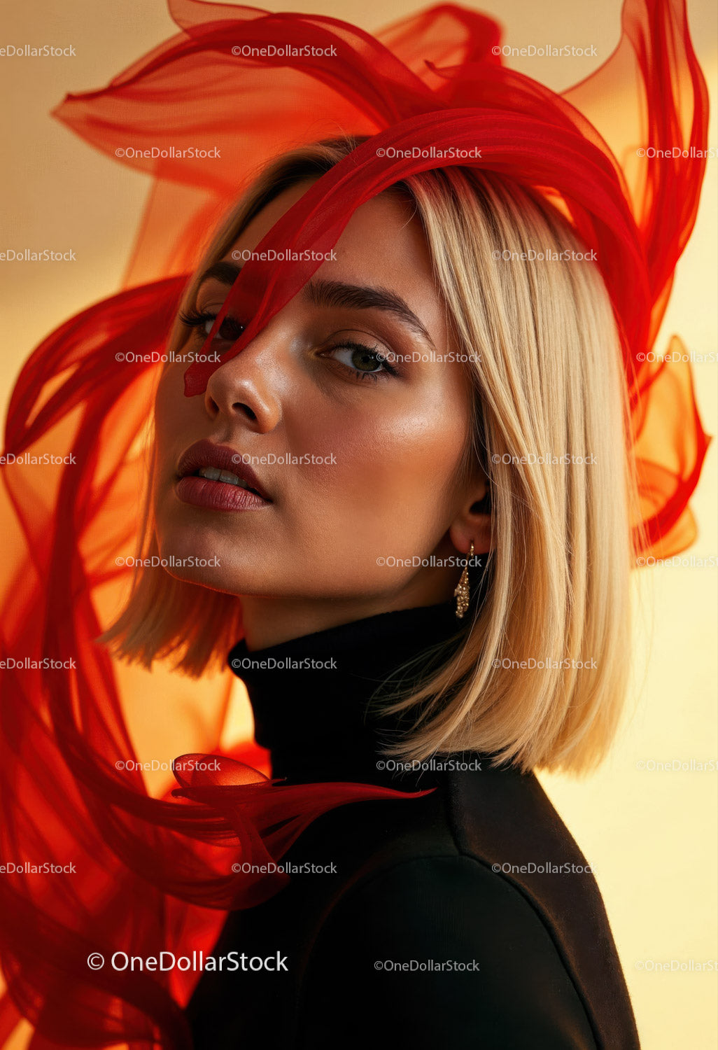 Creative Artistic Makeup Portrait with Red Face Paint and Blonde Hair