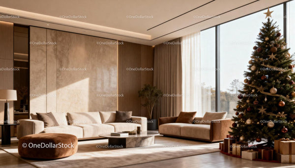 Cozy modern living room with Christmas tree and gifts