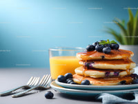Fresh Blueberry Pancakes with Syrup and Orange Juice