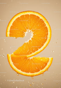 Fresh Orange Slices Shaped as Number Two with Water Droplets