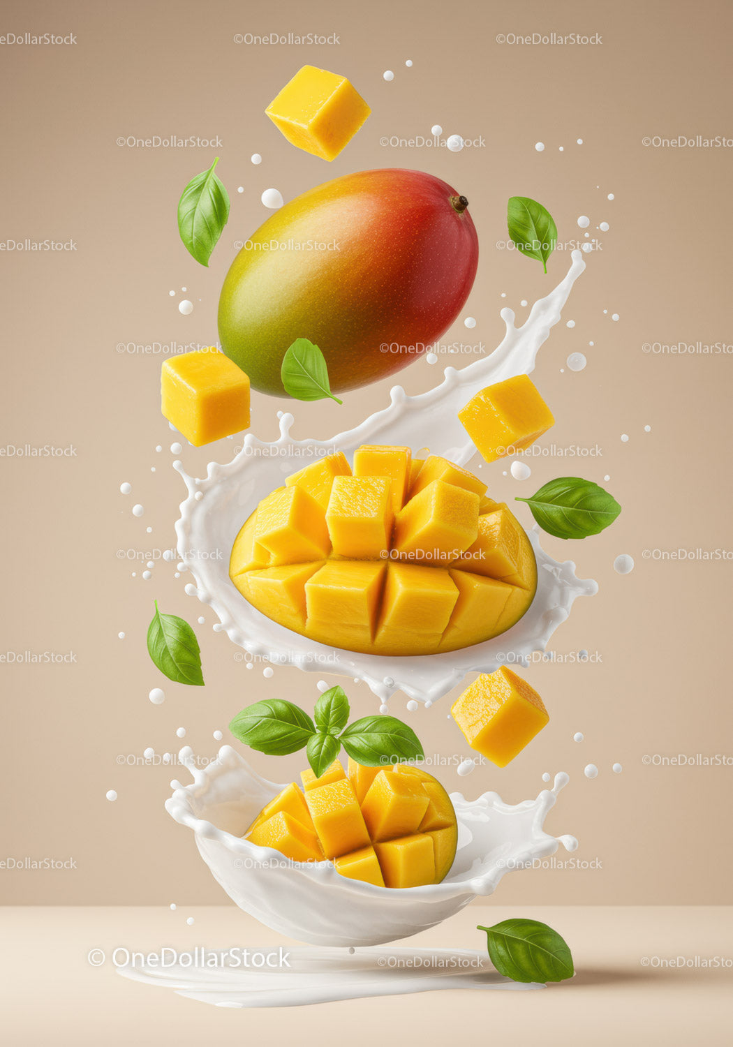 Świeże kostki mango w kremowym mleku z bazylią