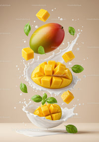 Fresh mango cubes splashing in creamy milk with basil