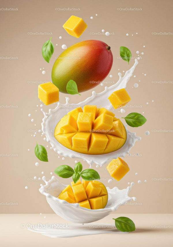 Fresh mango cubes splashing in creamy milk with basil