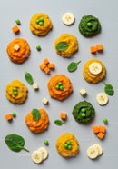Colorful vegetable and fruit purees with fresh toppings