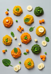 Colorful vegetable and fruit purees with fresh toppings