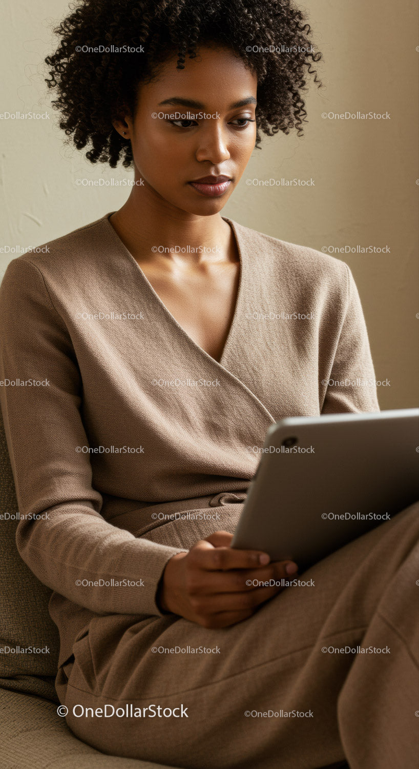 Elegant Woman Using Tablet Sitting on Couch in Modern Home Office