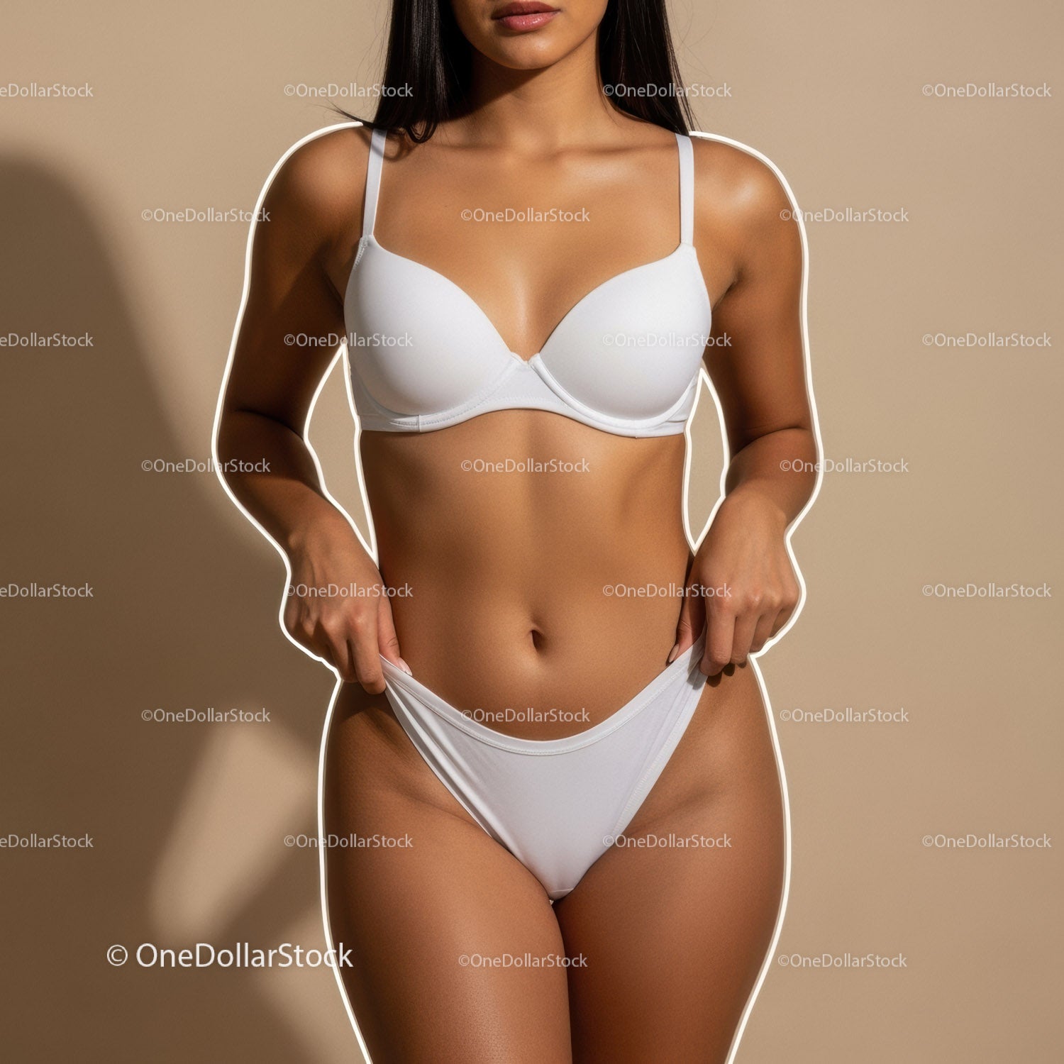 Elegant Woman in White Lingerie with Beige Background for Fashion and Beauty