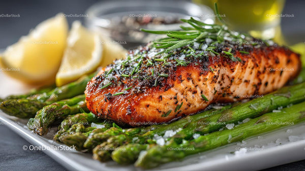 Grilled Salmon Fillet with Asparagus and Lemon Wedges