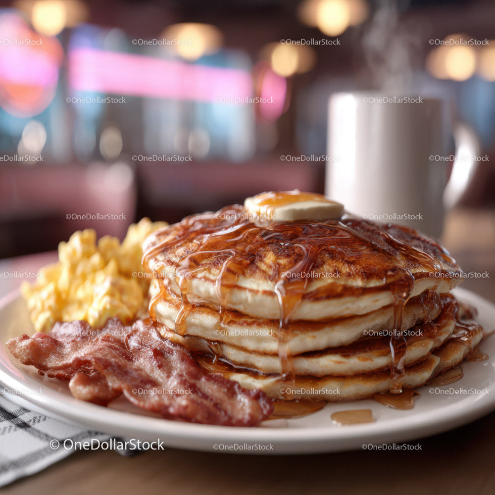 Stack of Fluffy Pancakes with Bacon and Syrup in Cozy Breakfast Setting