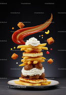 Creative stack of fries meatballs halloumi with cream
