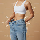 Woman Measuring Waist in Loose Jeans and White Sports Bra for Weight Loss