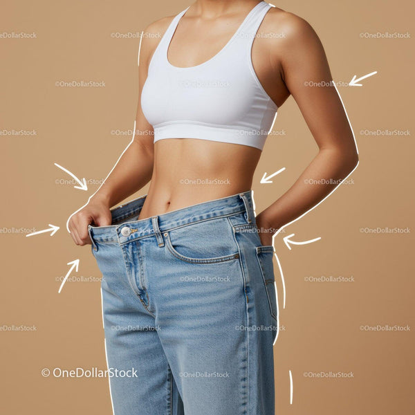Woman Measuring Waist in Loose Jeans and White Sports Bra for Weight Loss