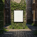 Blank Vertical Billboard Surrounded by Ivy in Narrow Alley