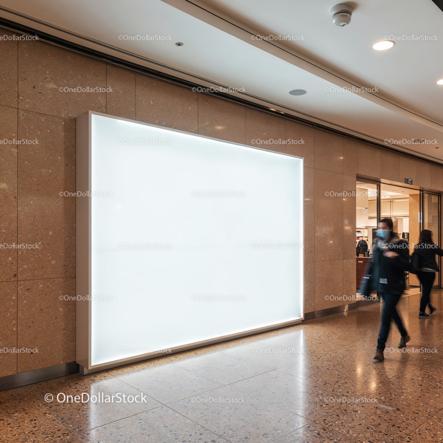 Modern indoor mall corridor with large lightbox display
