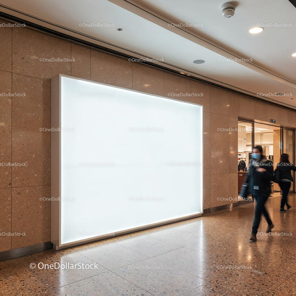 Modern indoor mall corridor with large lightbox display JPG Mockup Image