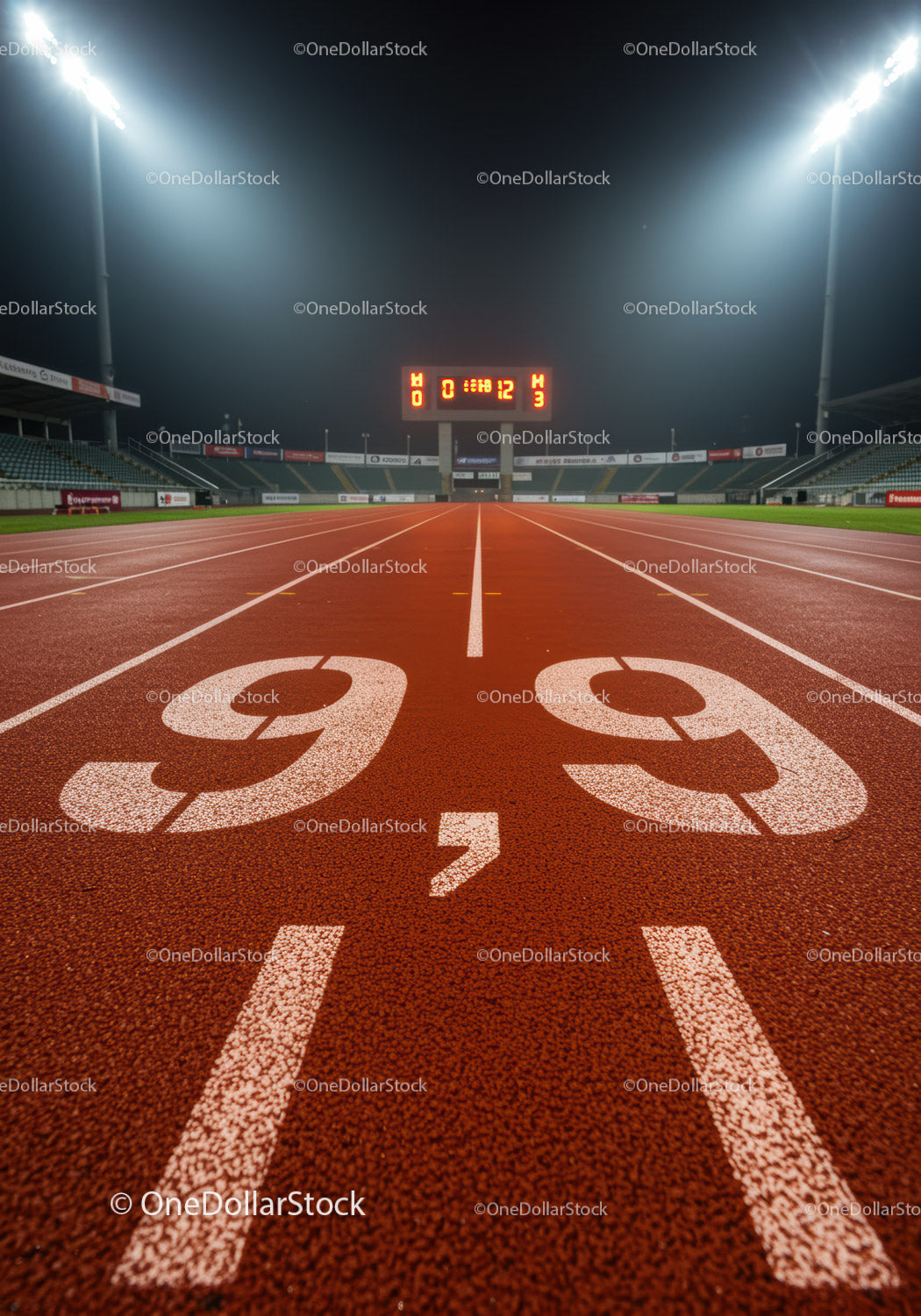 Night view of illuminated outdoor running track lanes