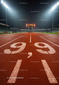 Night view of illuminated outdoor running track lanes