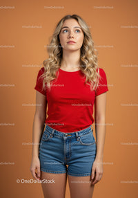 Young woman with curly hair looking up on orange background