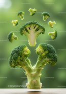 Fresh broccoli florets floating over stalk on wooden surface