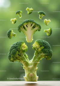 Fresh broccoli florets floating over stalk on wooden surface