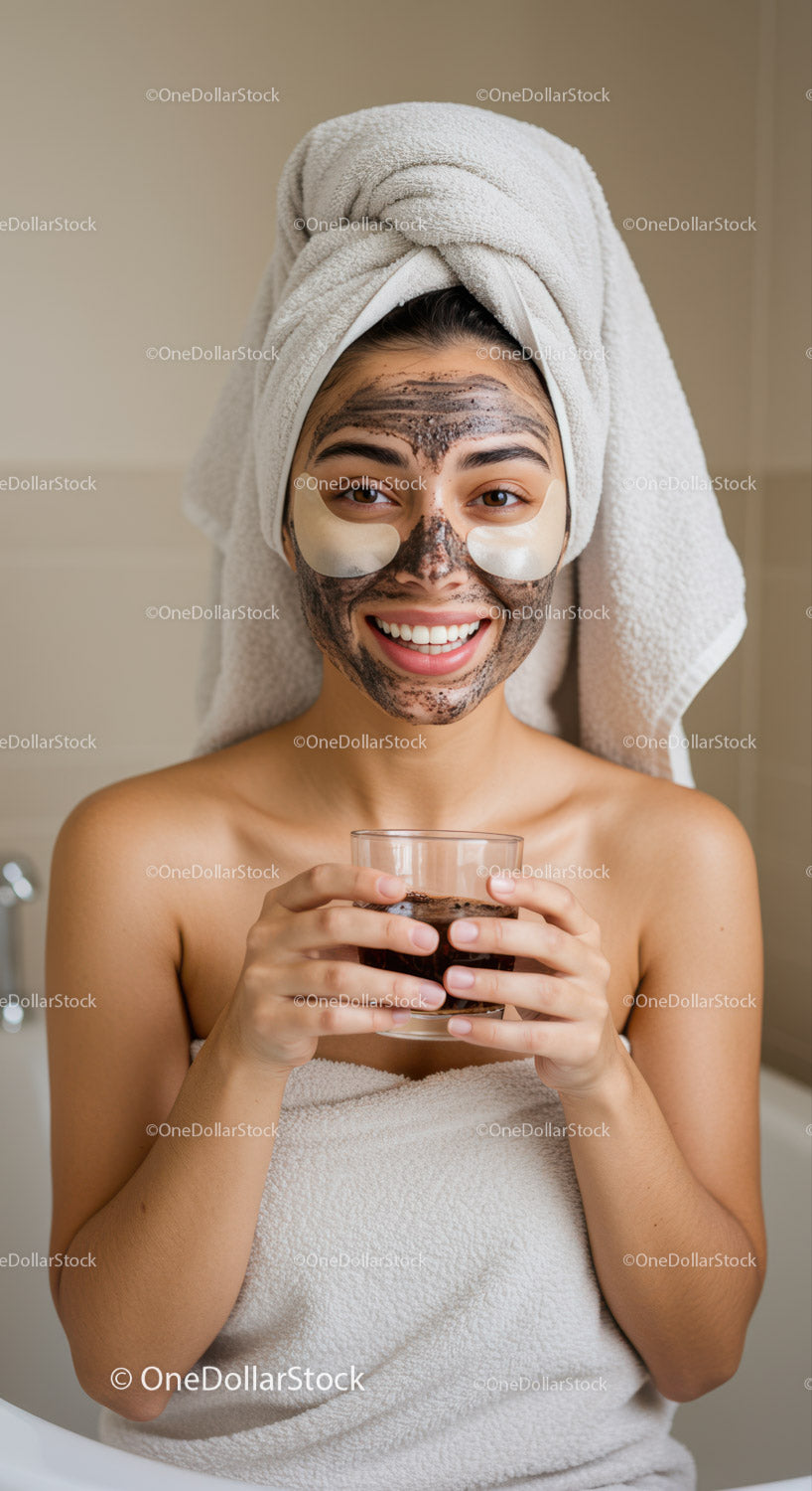 Young Woman Applying Clay Facial Mask in Spa Treatment