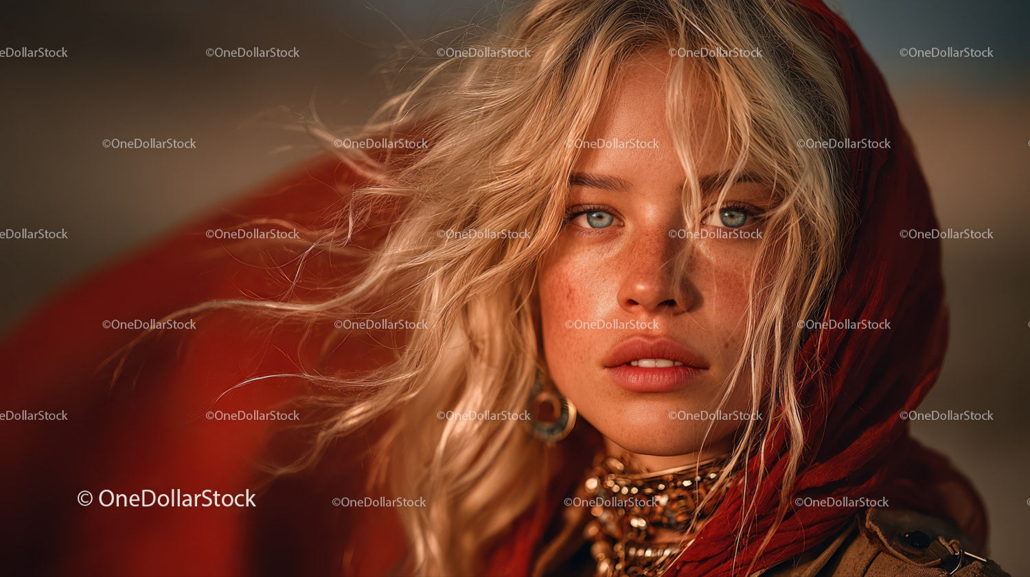 Glamorous Blonde Woman with Blue Eyes Wearing Red Scarf in Studio