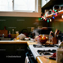 Cozy kitchen with steaming stove and colorful lights