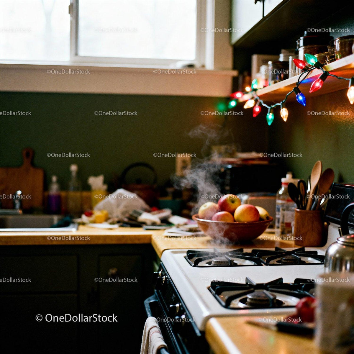 Cozy kitchen with steaming stove and colorful lights