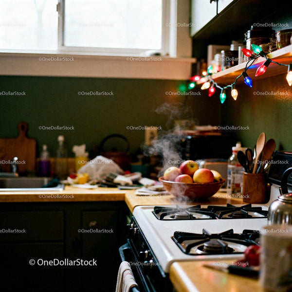 Cozy kitchen with steaming stove and colorful lights