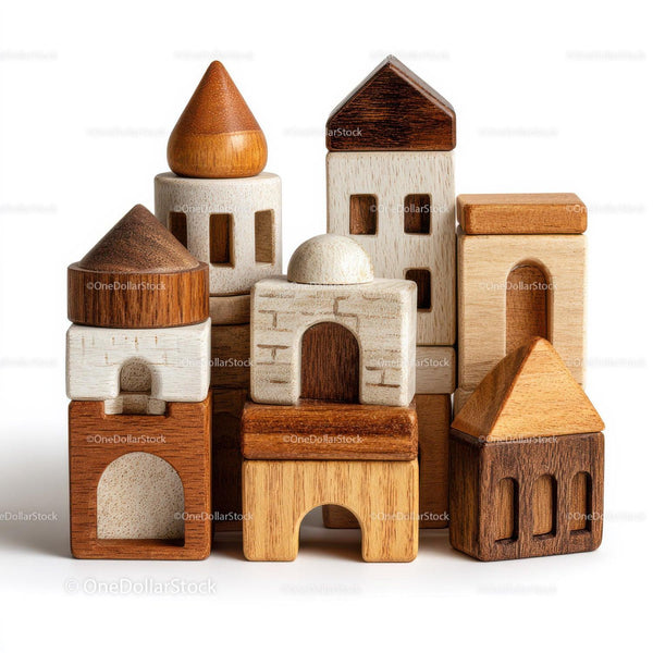 Wooden Toy Building Blocks Set With Varied Roofs