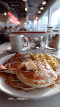 Stack of Fluffy Pancakes with Bacon and Syrup in Cozy Breakfast Setting