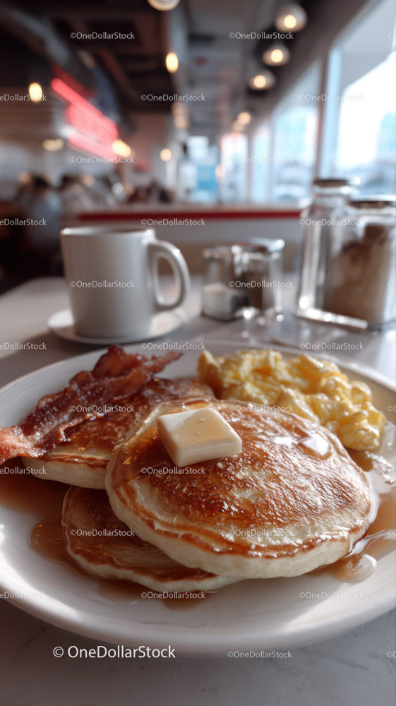 Stack of Fluffy Pancakes with Bacon and Syrup in Cozy Breakfast Setting