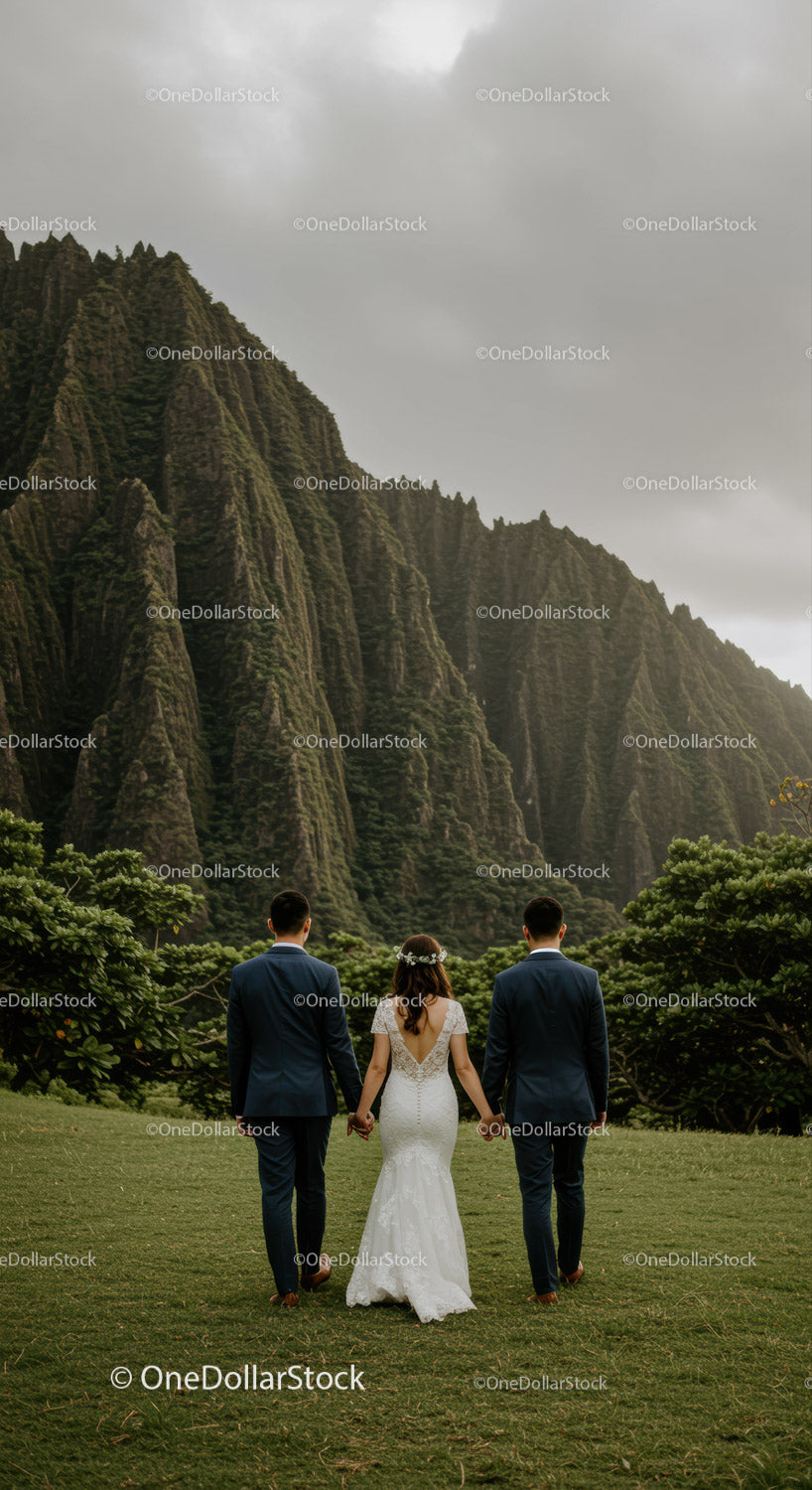 Elegant Wedding Couple Walking Towards Mountain Wilderness Scene