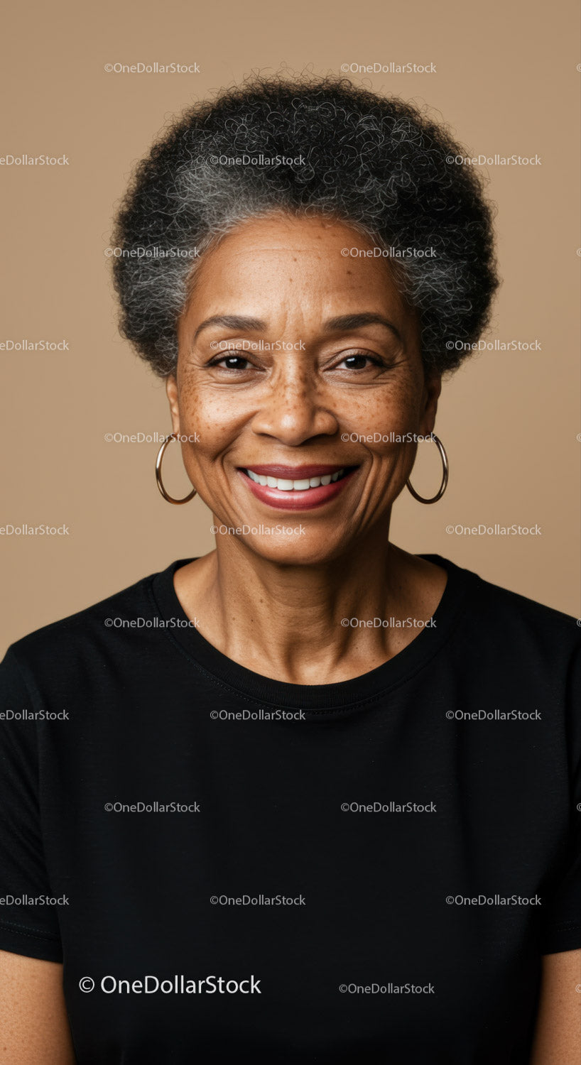 Confident Elderly Woman with Gray Curly Hair and Warm Smile