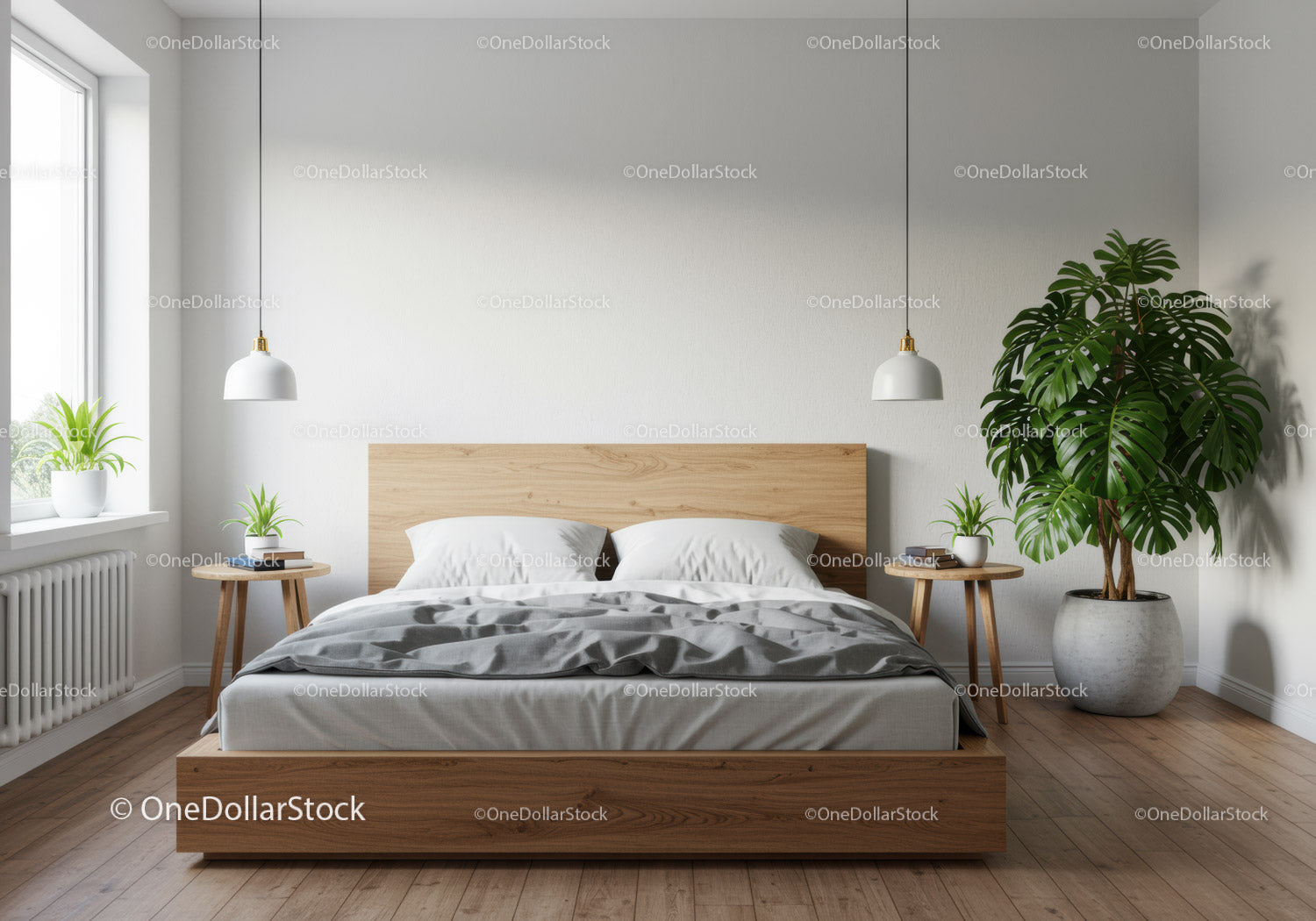 Bright Minimalist Bedroom with Green Plants and Wooden Accents