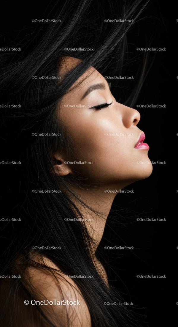 Profile of peaceful woman with flowing black hair